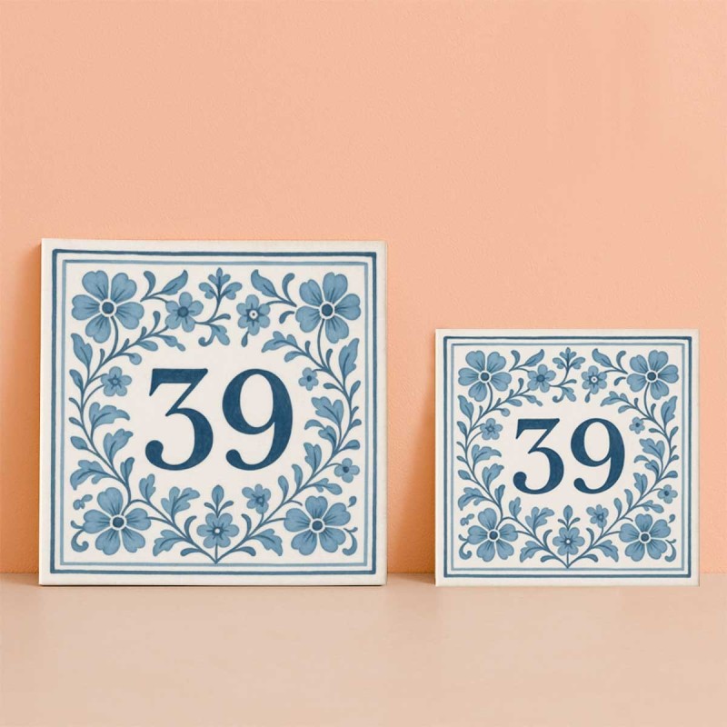 Número vivienda flores azules clásico personalizado – Placa cerámica e