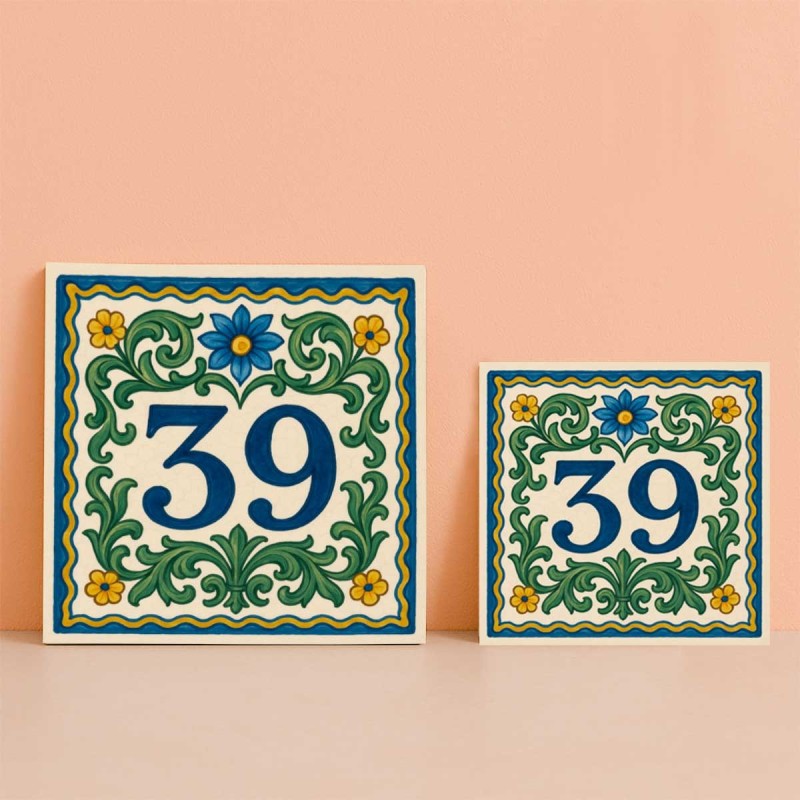 Número floral azul estilo Caltagirone | TuAzulejo