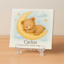 Azulejo de nacimiento osito dormido sobre la luna personalizado