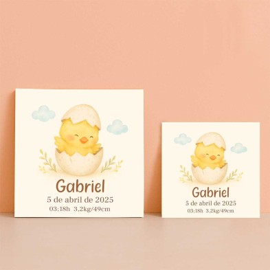 Pollito nacimiento personalizado con nombre y datos del bebé
