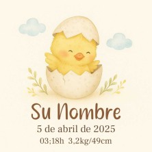 Pollito nacimiento personalizado con nombre y datos del bebé