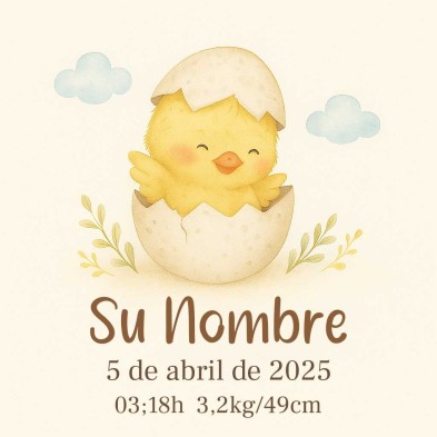 Pollito nacimiento personalizado con nombre y datos del bebé