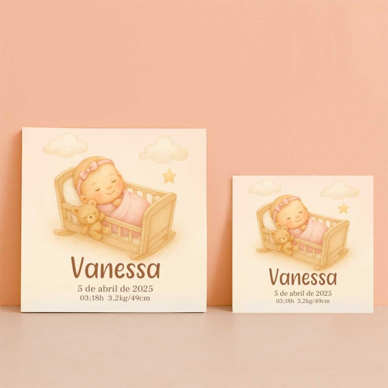 Diseño cunita rosa personalizado con nombre y datos de nacimiento