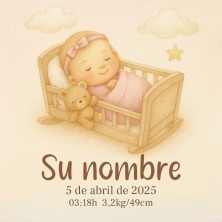 Diseño cunita rosa personalizado con nombre y datos de nacimiento