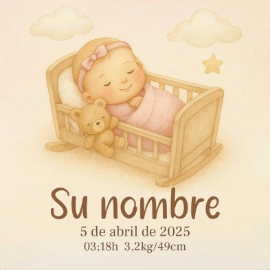 Diseño cunita rosa personalizado con nombre y datos de nacimiento