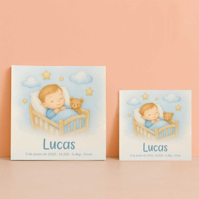 Diseño cunita azul personalizado con nombre y datos del bebé