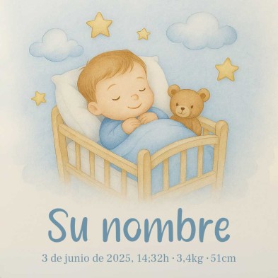 Diseño cunita azul personalizado con nombre y datos del bebé